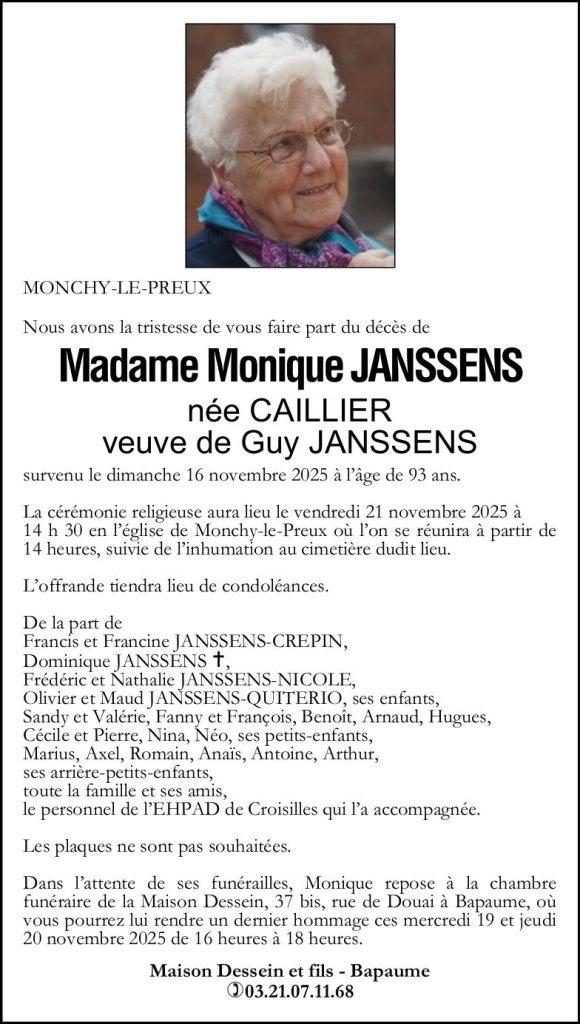 Avis de décès - Madame Monique JANSSENS née CAILLIER