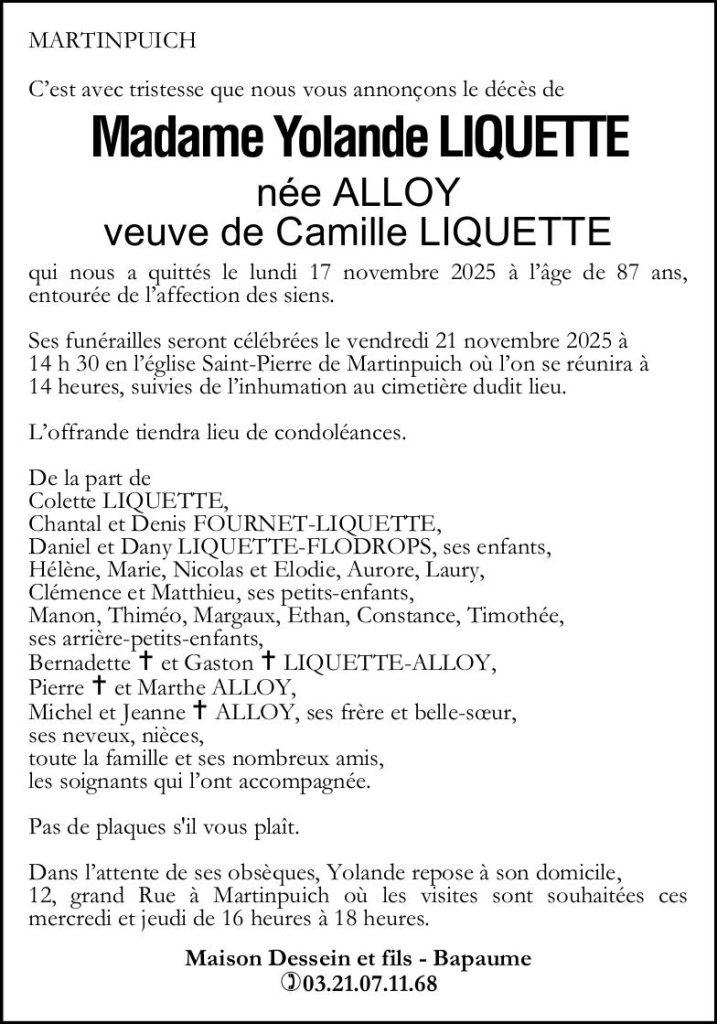Avis de décès - Madame Yolande LIQUETTE née ALLOY