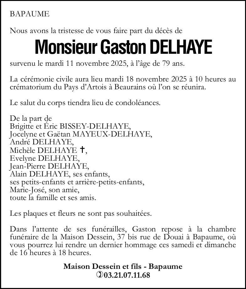 Avis de décès - Monsieur Gaston DELHAYE