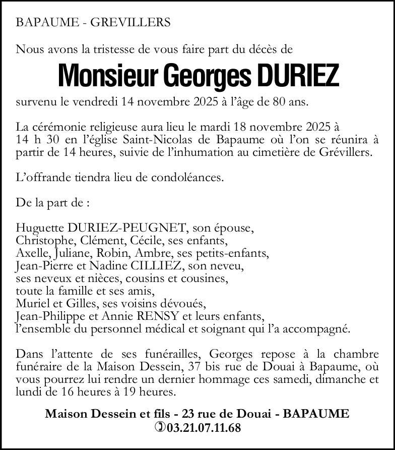 Avis de décès - Monsieur Georges DURIEZ