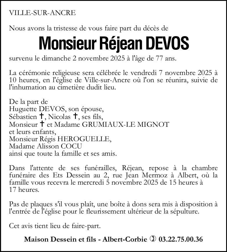 Avis de décès Monsieur Réjean DEVOS