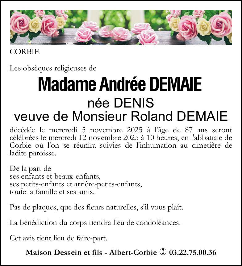 Avis de décès de Madame Andrée DEMAIE née DENIS