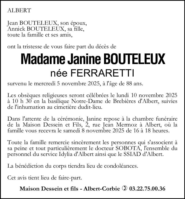 Avis de décès de Madame Bouteleux née FERRARETI Janine
