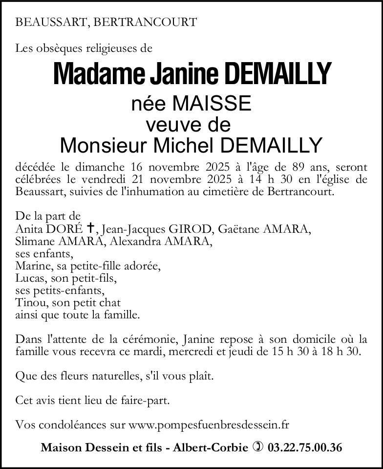 Avis de décès de Madame Janine DEMAILLY