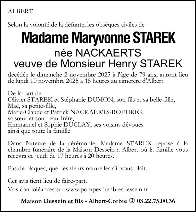 Avis de décès de Madame Maryvonne STAREK née NACKAERTS