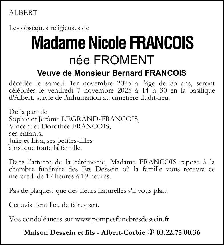 Avis de décès de Madame Nicole FRANCOIS née FROMENT