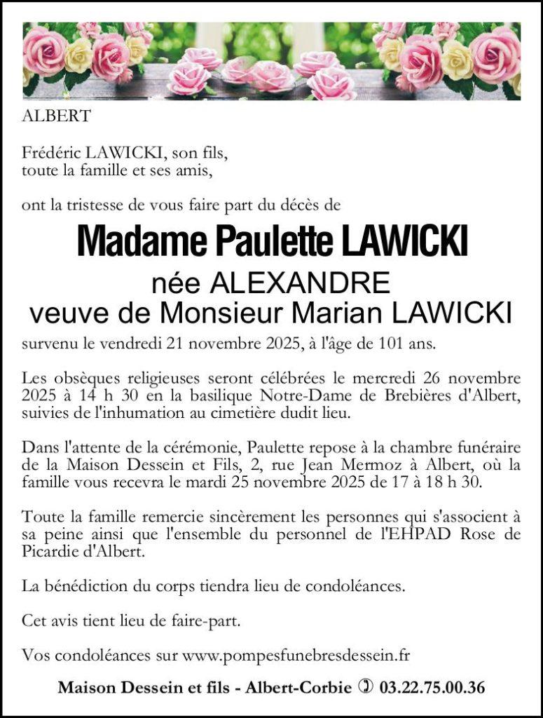 Avis de décès de Madame Paulette LAWICKI née ALEXANDRE
