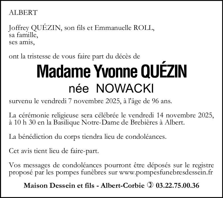 Avis de décès de Madame Yvonne QUEZIN née NOWACKI