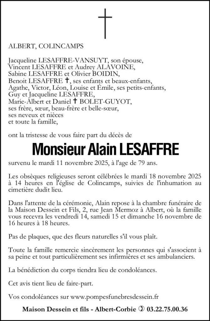 Avis de décès de Monsieur Alain LESAFFRE