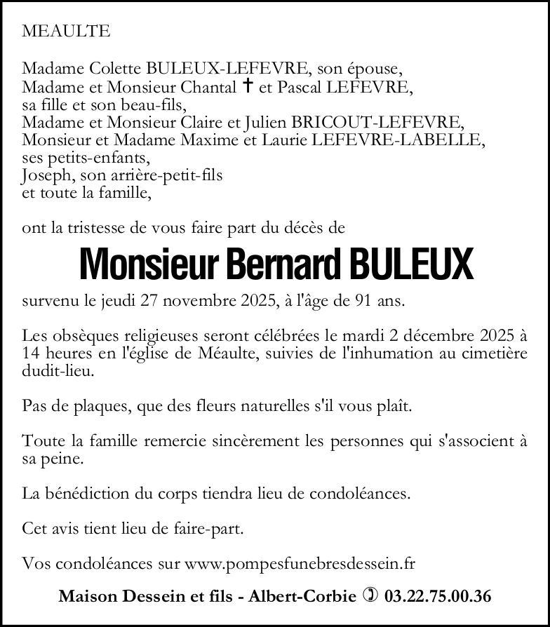 Avis de décès de Monsieur Bernard BULEUX