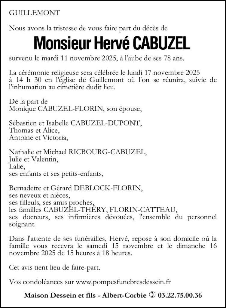 Avis de décès de Monsieur CABUZEL Hervé