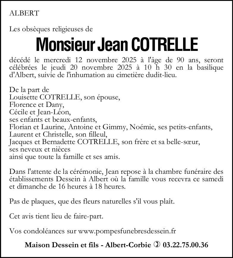 Avis de décès de Monsieur Jean COTRELLE