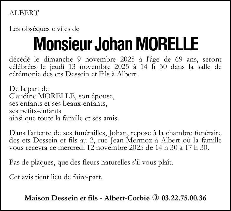 Avis de décès de Monsieur MORELLE Johan