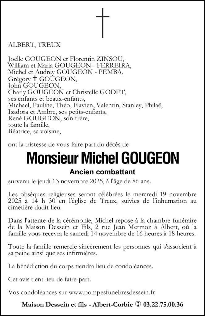 Avis de décès de Monsieur Michel GOUGEON