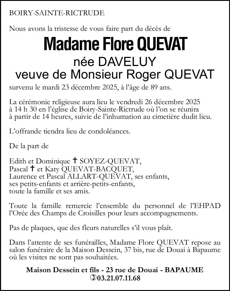 Avis de décès - Madame Flore QUEVAT née DAVELUY