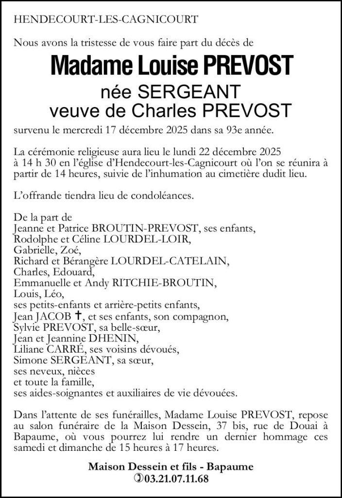 Avis de décès - Madame Louise PREVOST née SERGEANT