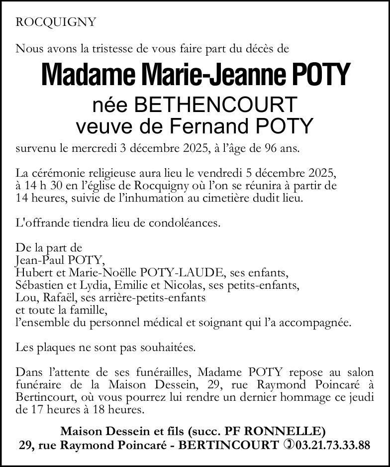 Avis de décès - Madame Marie-Jeanne POTY née BETHENCOURT