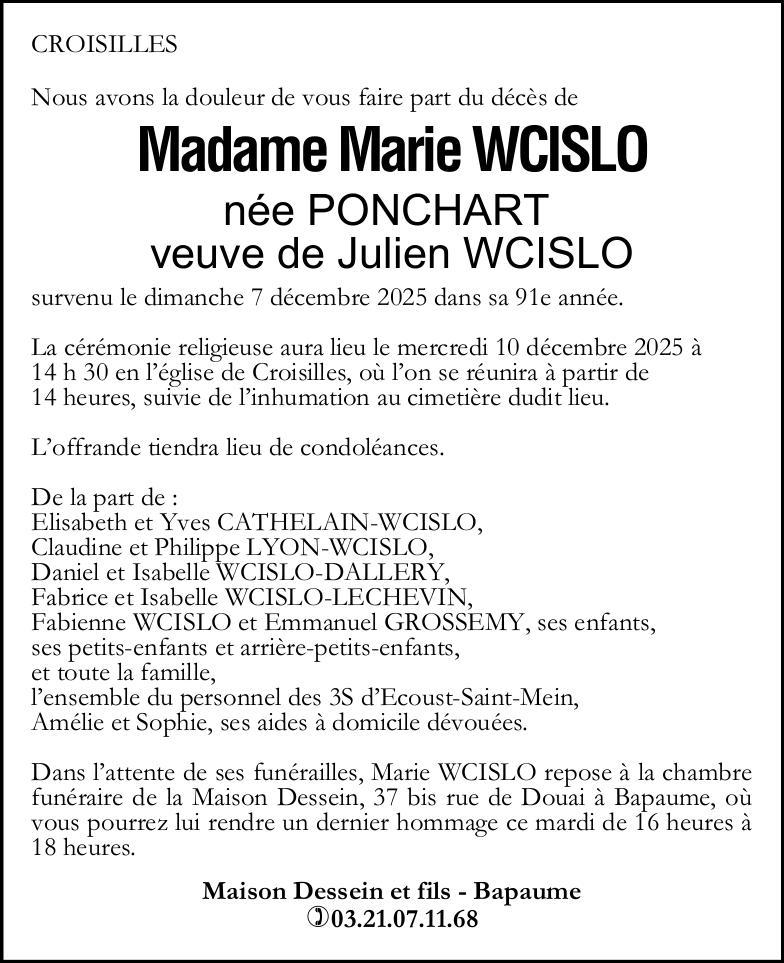 Avis de décès - Madame Marie WCISLO née PONCHART