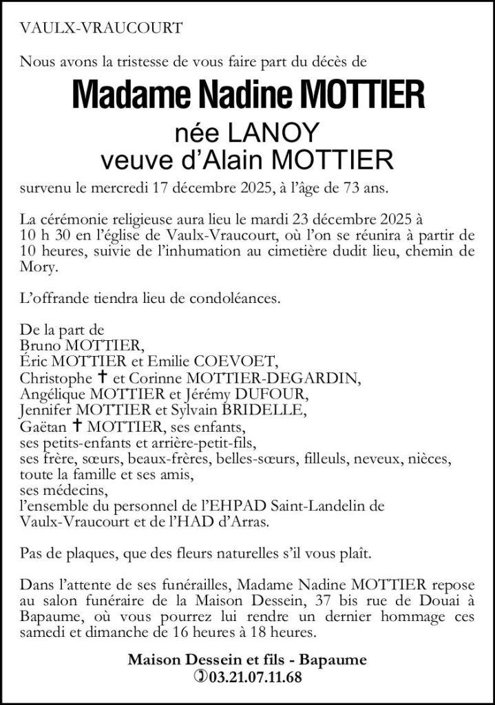 Avis de décès - Madame Nadine MOTTIER née LANOY
