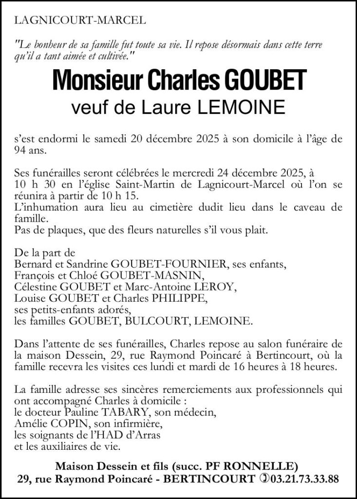 Avis de décès - Monsieur Charles GOUBET