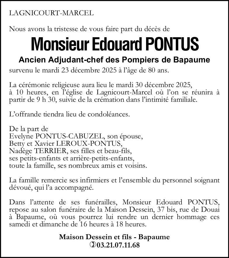 Avis de décès - Monsieur Edouard PONTUS