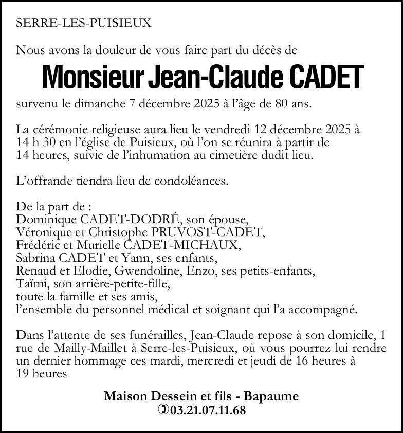 Avis de décès - Monsieur Jean-Claude CADET