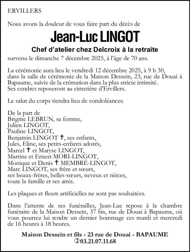 Avis de décès - Monsieur Jean-Luc LINGOT