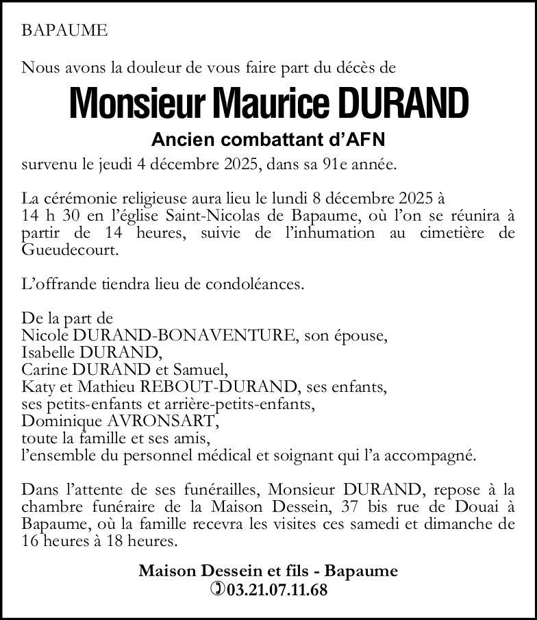 Avis de décès - Monsieur Maurice DURAND