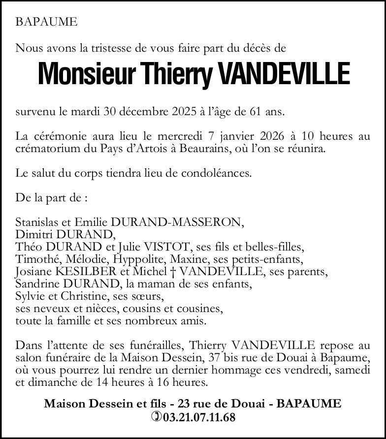 Avis de décès - Monsieur Thierry VANDEVILLE