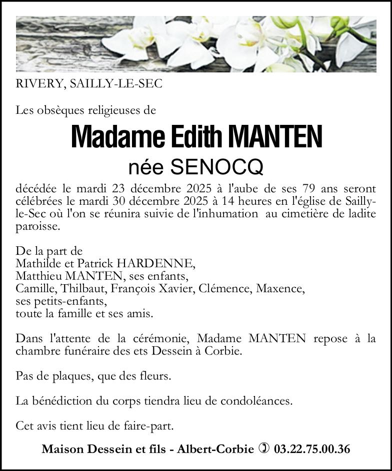 Avis de décès de Madame Edith MANTEN née SENOCQ