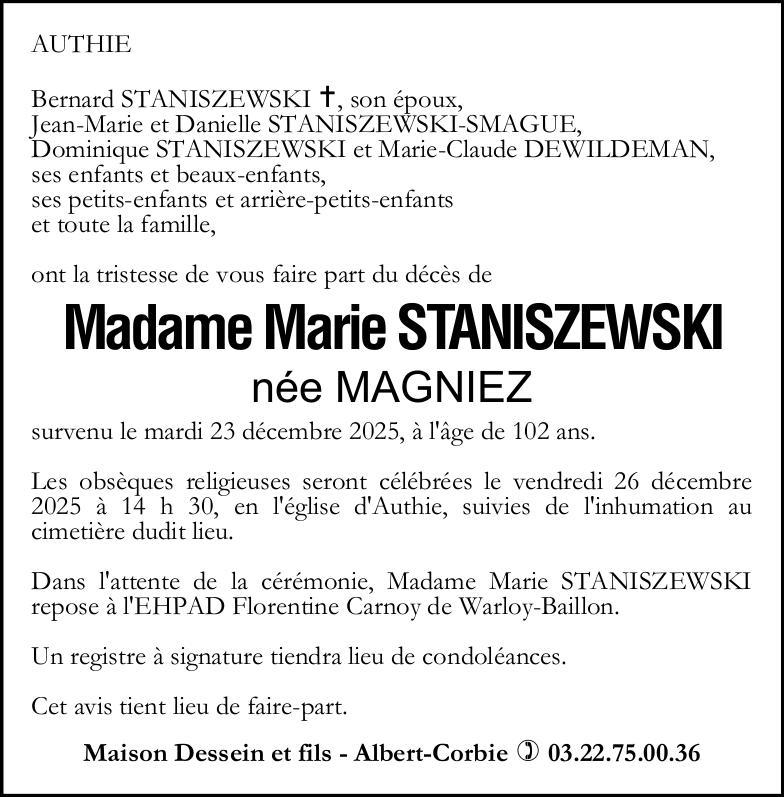 Avis de décès de Madame Marie STANISZEWSKI