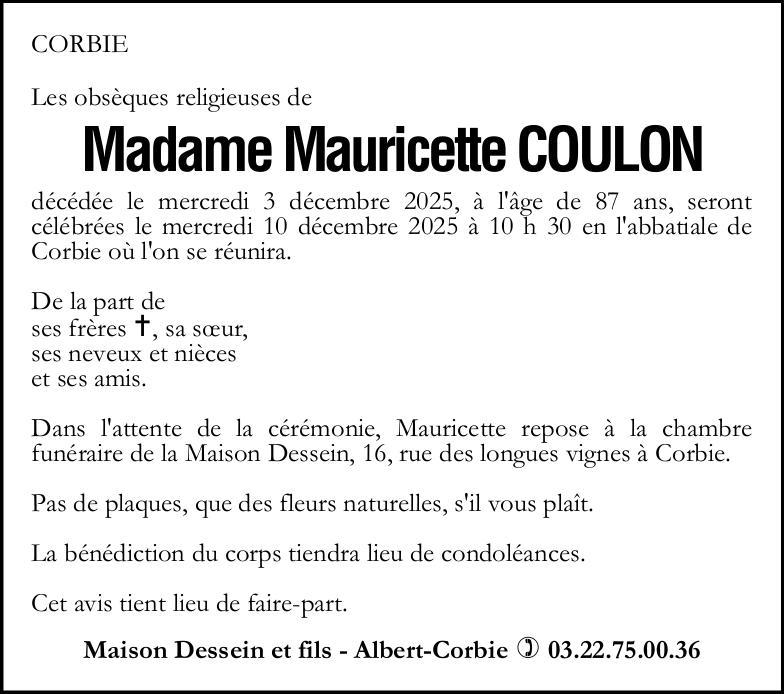 Avis de décès de Madame Mauricette COULON