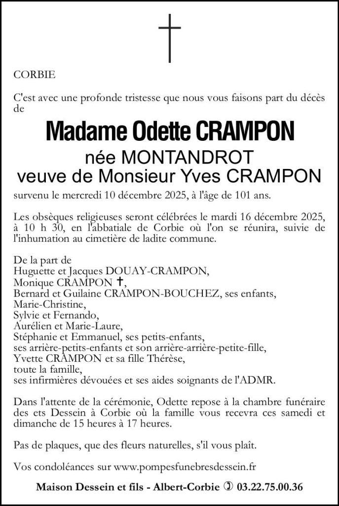 Avis de décès de Madame Odette CRAMPON née MONTANDROT