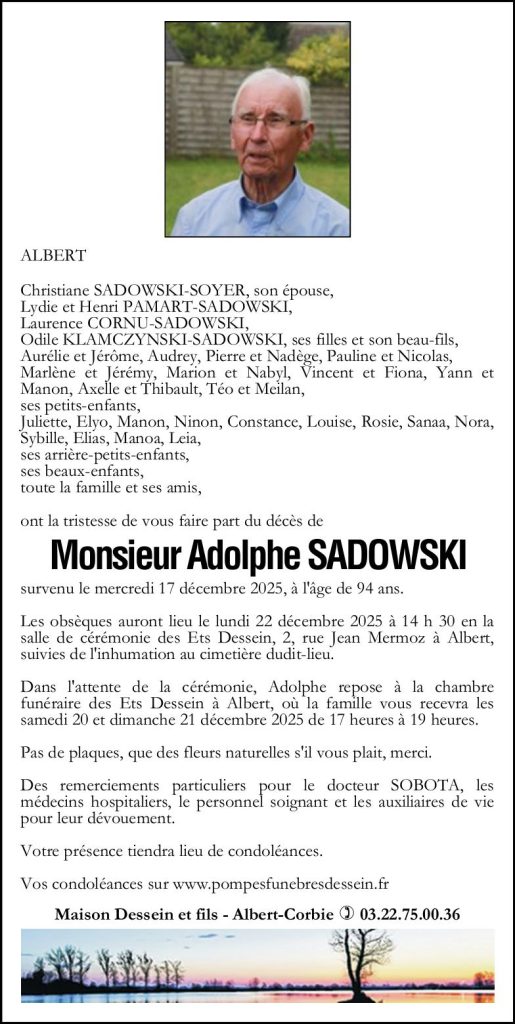 Avis de décès de Monsieur Adolphe SADOWSKI