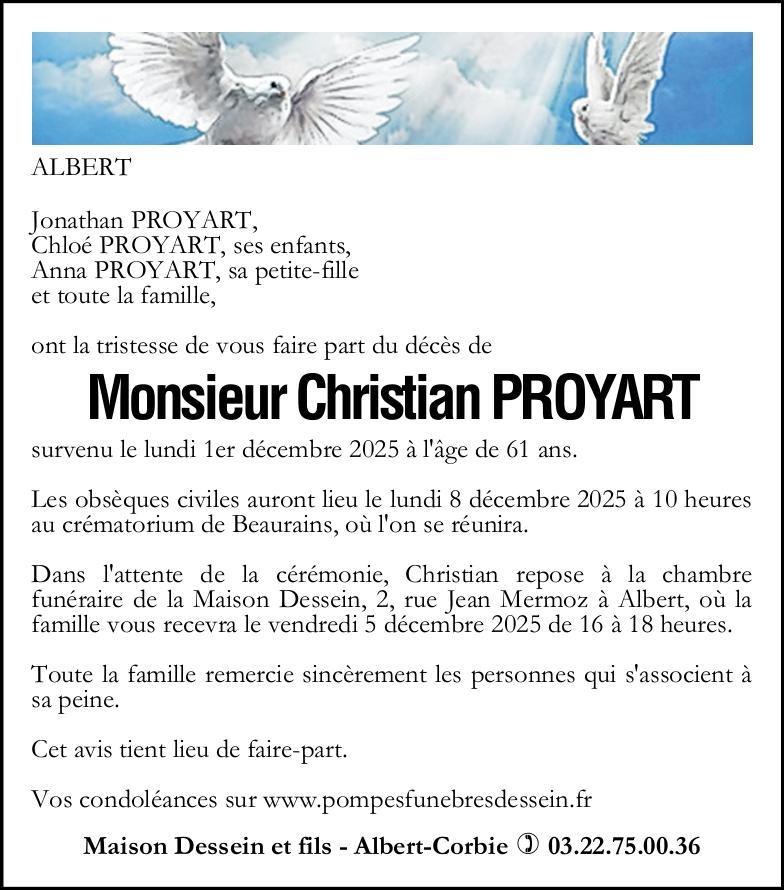 Avis de décès de Monsieur Christian PROYART