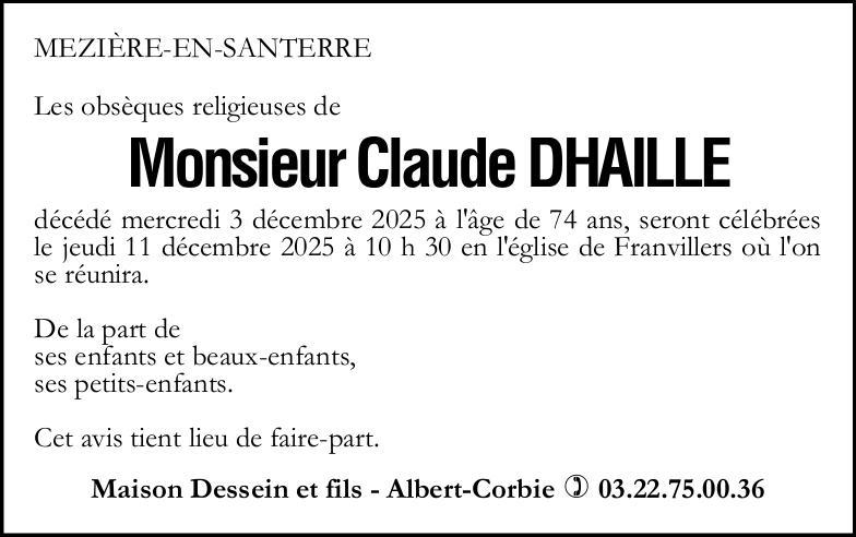 Avis de décès de Monsieur Claude DHAILLE