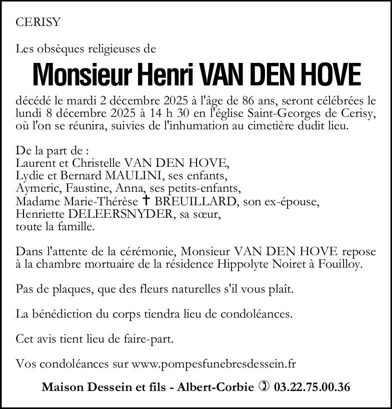 Avis de décès de Monsieur Henri VAN DEN HOVE