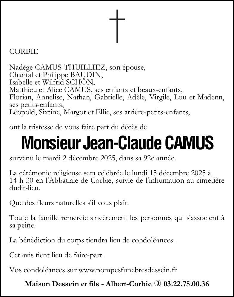 Avis de décès de Monsieur Jean-Claude CAMUS