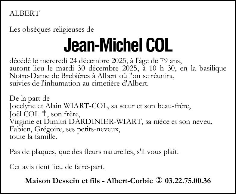 Avis de décès de Monsieur Jean-Michel COL