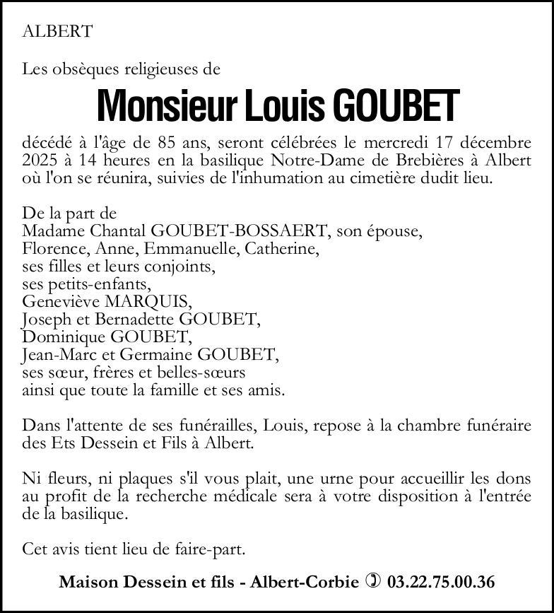 Avis de décès de Monsieur Louis GOUBET