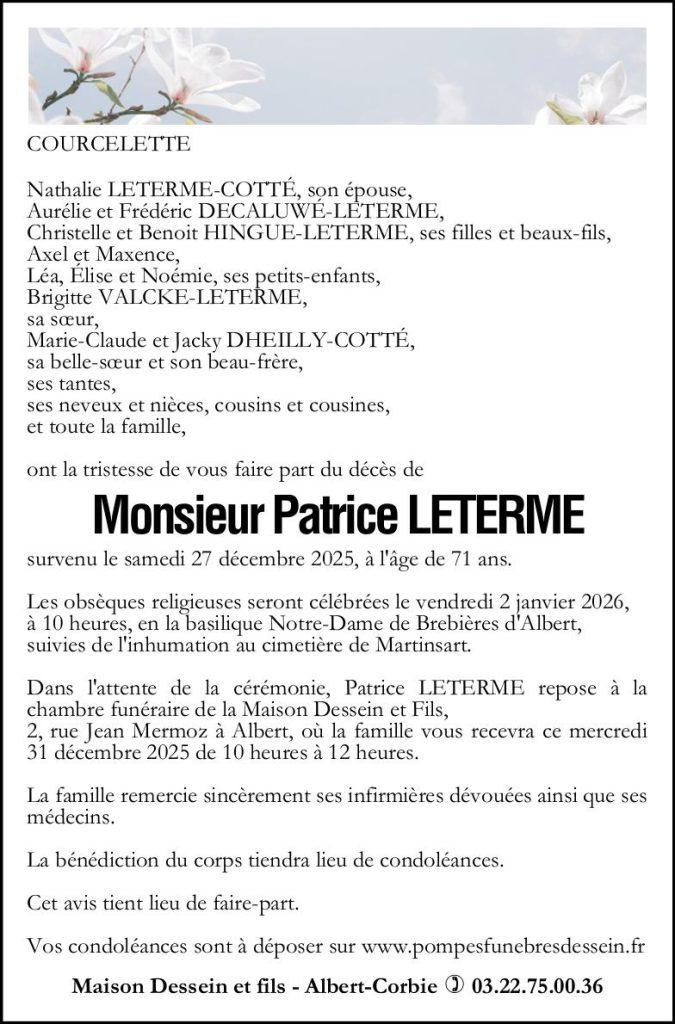 Avis de décès de Monsieur Patrice LETERME