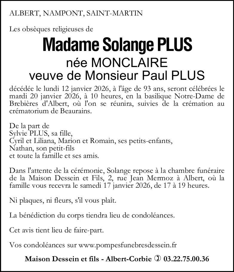 Avis de dcès de Madame Solange PLUS née MONCLAIRE