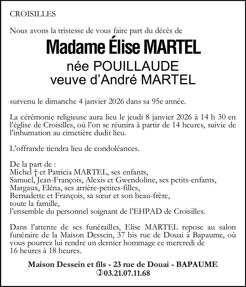 Avis de décès - Madame Elise MARTEL née POUILLAUDE