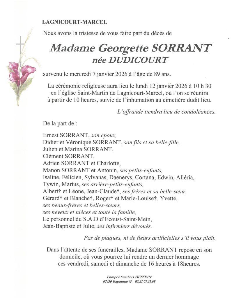 Avis de décès - Madame Georgette SORRANT née DUDICOURT