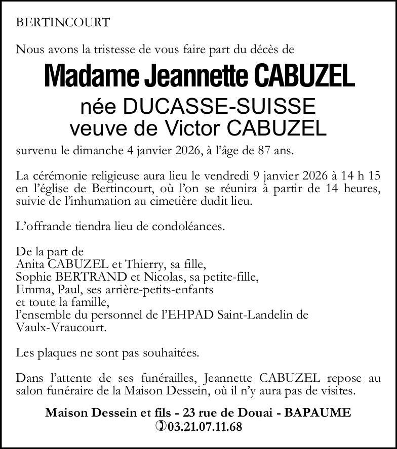 Avis de décès - Madame Jeanne CABUZEL née DUCASSE-SUISSE