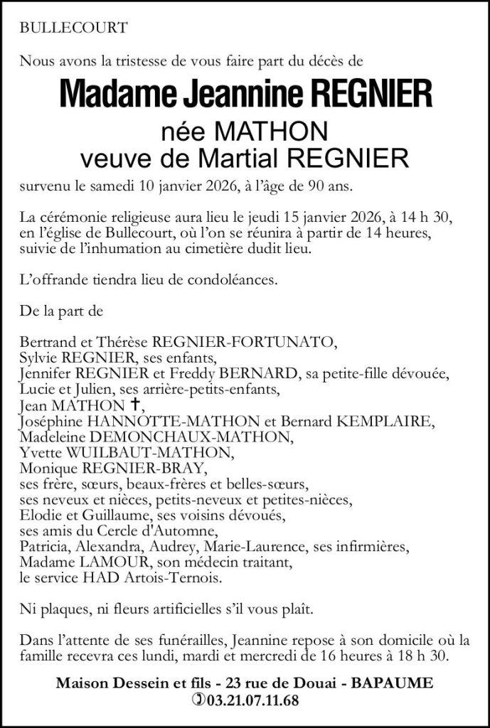 Avis de décès - Madame Jeannine REGNIER née MATHON