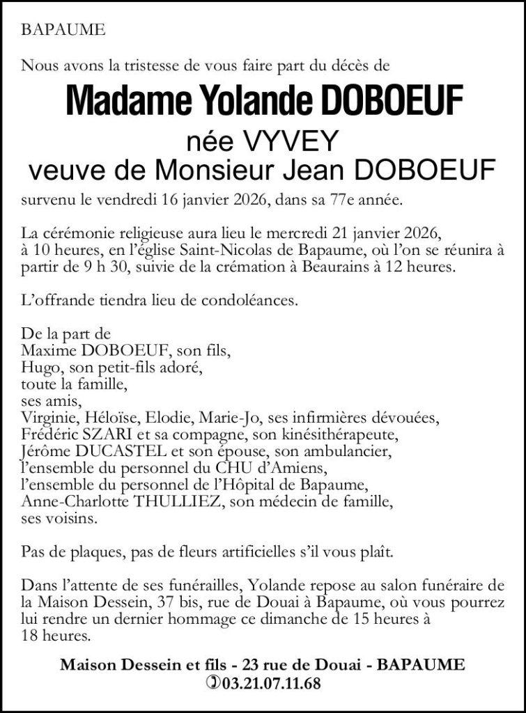Avis de décès - Madame Yolande DOBOEUF née VYVEY