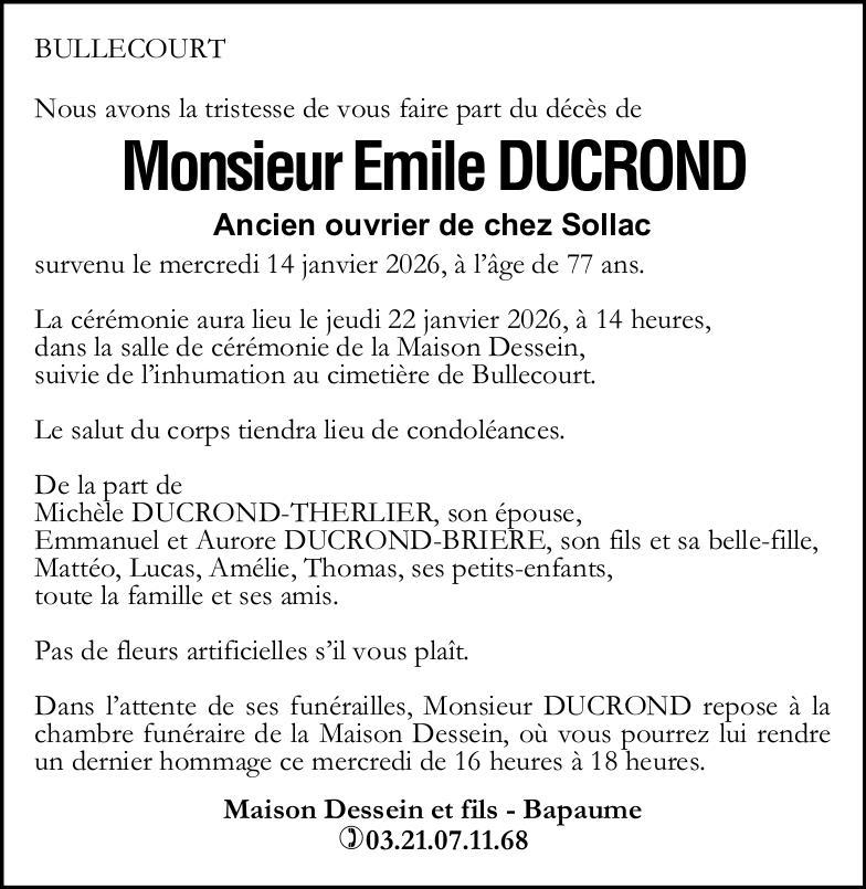 Avis de décès - Monsieur Emile DUCROND