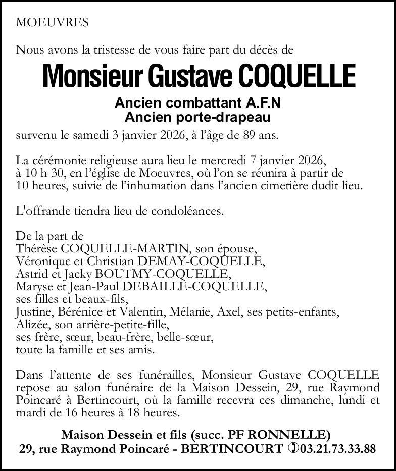 Avis de décès - Monsieur Gustave COQUELLE