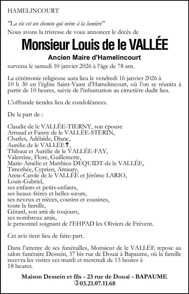 Avis de décès - Monsieur de le VALLÉE Louis